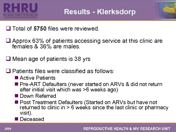 Results - Klerksdorp q Total of 5750 files were reviewed. q Approx 63% of