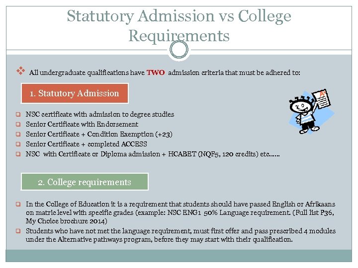 Statutory Admission vs College Requirements v All undergraduate qualifications have TWO admission criteria that