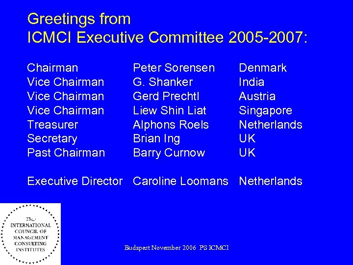 Greetings from ICMCI Executive Committee 2005 -2007: Chairman Vice Chairman Treasurer Secretary Past Chairman