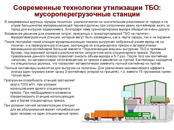 Современные технологии утилизации ТБО: мусороперегрузочные станции В современных крупных городах полигоны располагаются на значительном
