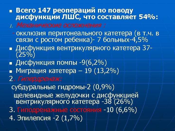 n 1. Всего 147 реопераций по поводу дисфункции ЛШС, что составляет 54%: Механические осложнения
