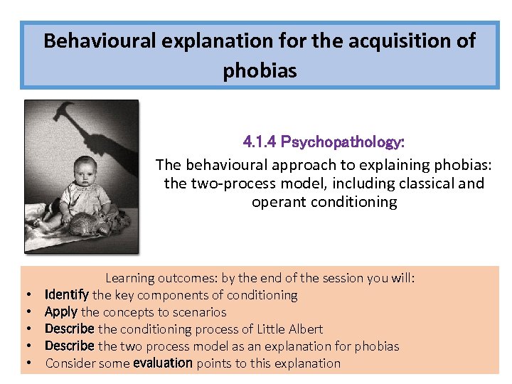 Behavioural explanation for the acquisition of phobias 4. 1. 4 Psychopathology: The behavioural approach