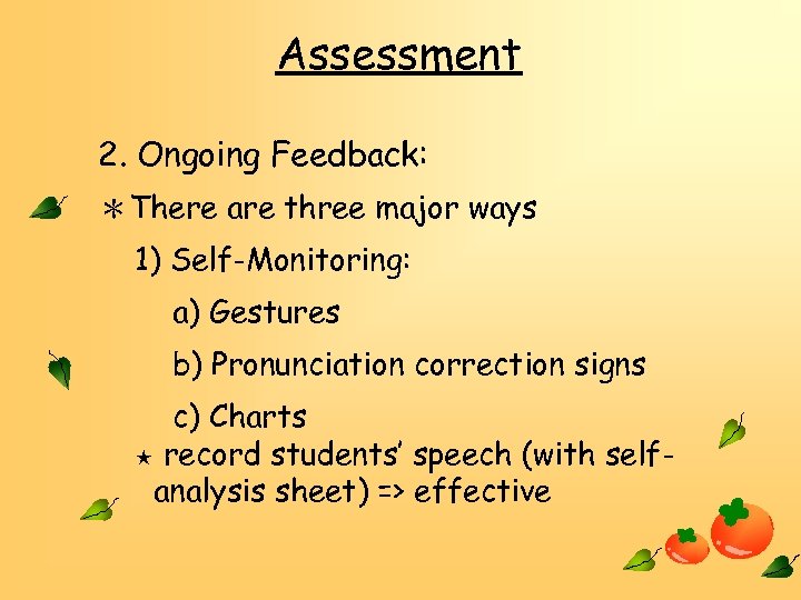 Assessment 2. Ongoing Feedback: ＊There are three major ways 1) Self-Monitoring: a) Gestures b)