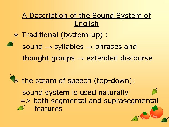 A Description of the Sound System of English ＊ Traditional (bottom-up) : sound →