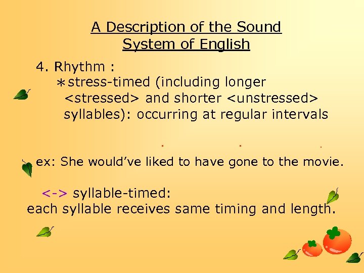 A Description of the Sound System of English 4. Rhythm : ＊stress-timed (including longer