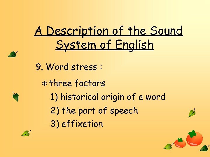 A Description of the Sound System of English 9. Word stress : ＊three factors