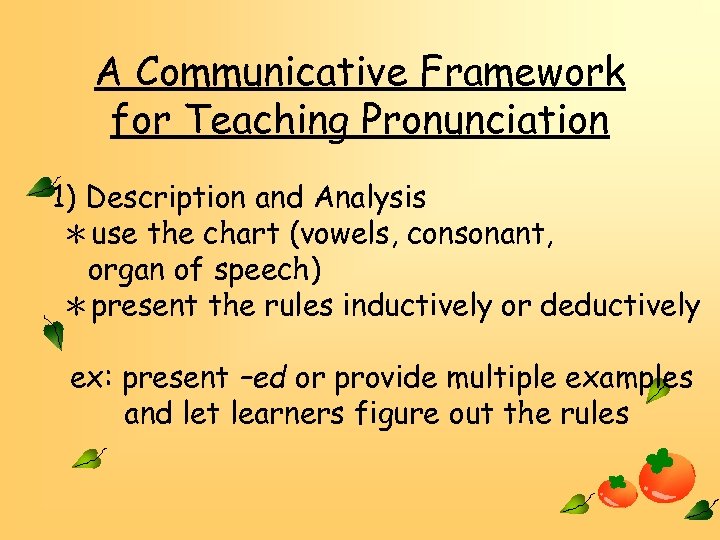 A Communicative Framework for Teaching Pronunciation 1) Description and Analysis ＊use the chart (vowels,