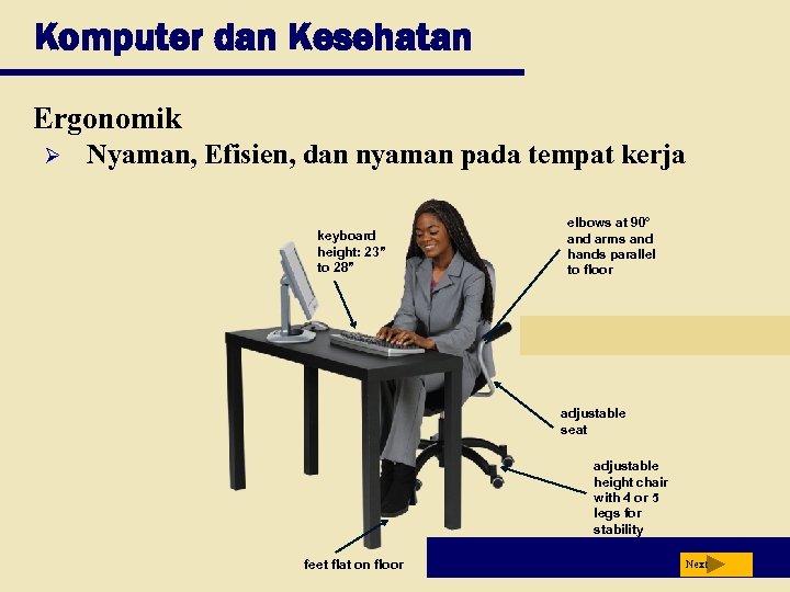 Komputer dan Kesehatan Ergonomik Ø Nyaman, Efisien, dan nyaman pada tempat kerja keyboard height: