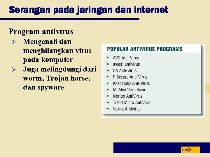 Serangan pada jaringan dan internet Program antivirus Ø Ø Mengenali dan menghilangkan virus pada