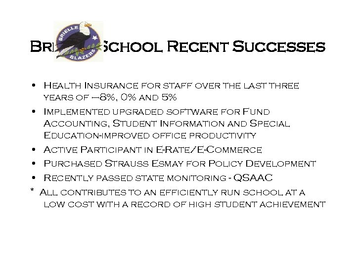 Brielle School Recent Successes • Health Insurance for staff over the last three years