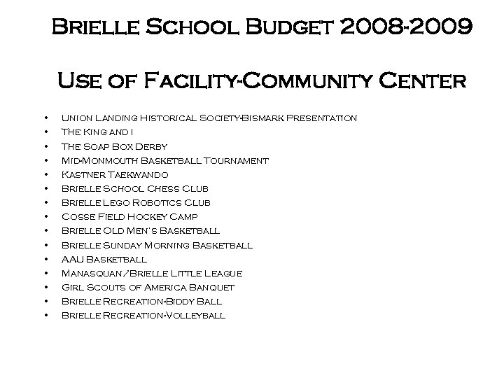 Brielle School Budget 2008 -2009 Use of Facility-Community Center • • • • Union