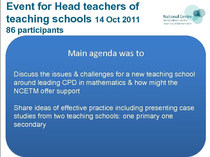 Event for Head teachers of teaching schools 14 Oct 2011 86 participants Andy Buck,