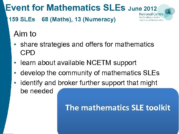 Event for Mathematics SLEs June 2012 1159 SLEs 68 (Maths), 13 (Numeracy) Aim to