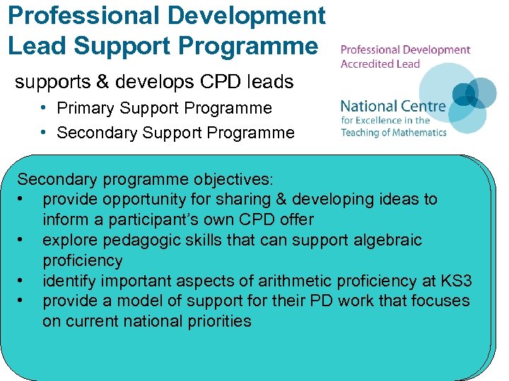 Professional Development Lead Support Programme supports & develops CPD leads • Primary Support Programme