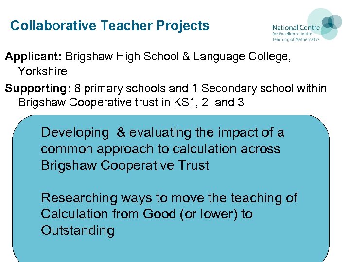 Collaborative Teacher Projects Applicant: Brigshaw High School & Language College, Yorkshire Supporting: 8 primary