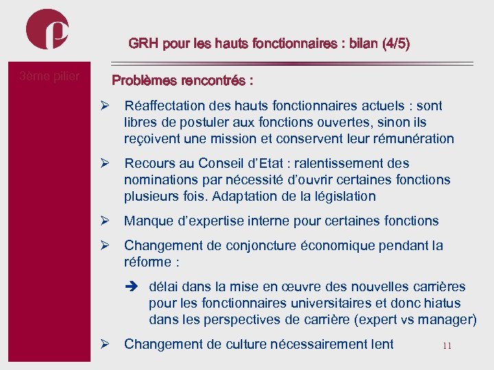GRH pour les hauts fonctionnaires : bilan (4/5) 3ème pilier Subtitel Problèmes rencontrés :