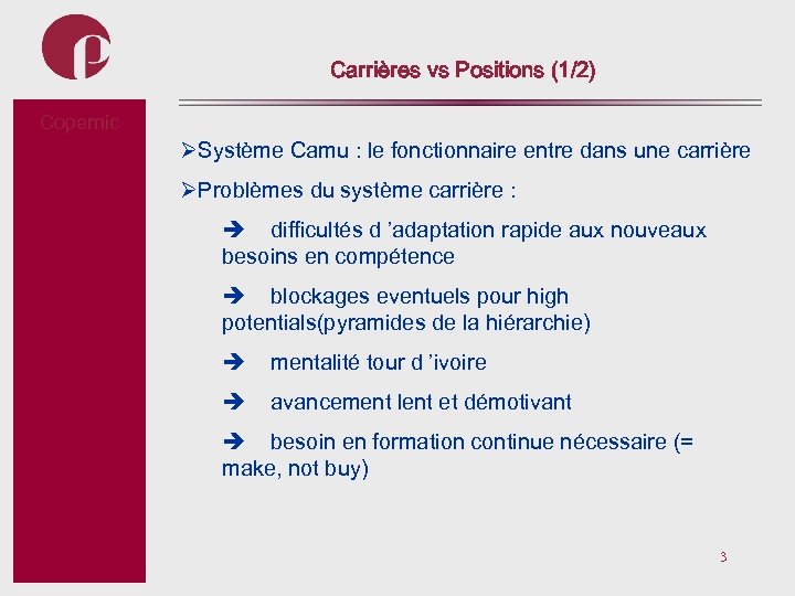 Carrières vs Positions (1/2) Copernic Subtitel ØSystème Camu : le fonctionnaire entre dans une
