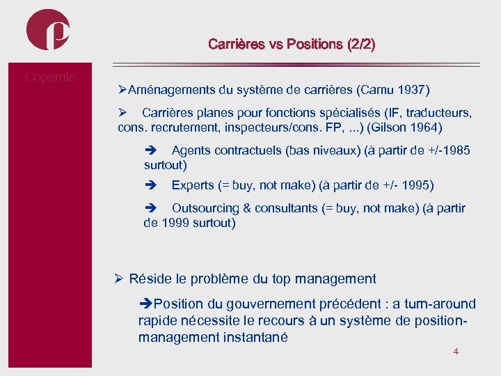 Carrières vs Positions (2/2) Copernic Subtitel ØAménagements du système de carrières (Camu 1937) Ø