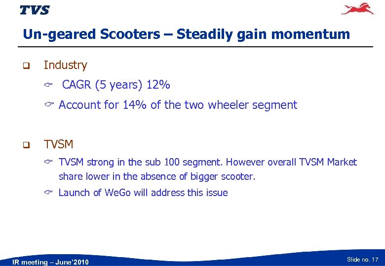 Un-geared Scooters – Steadily gain momentum q Industry C CAGR (5 years) 12% C
