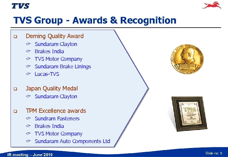 TVS Group - Awards & Recognition q Deming Quality Award C C C q