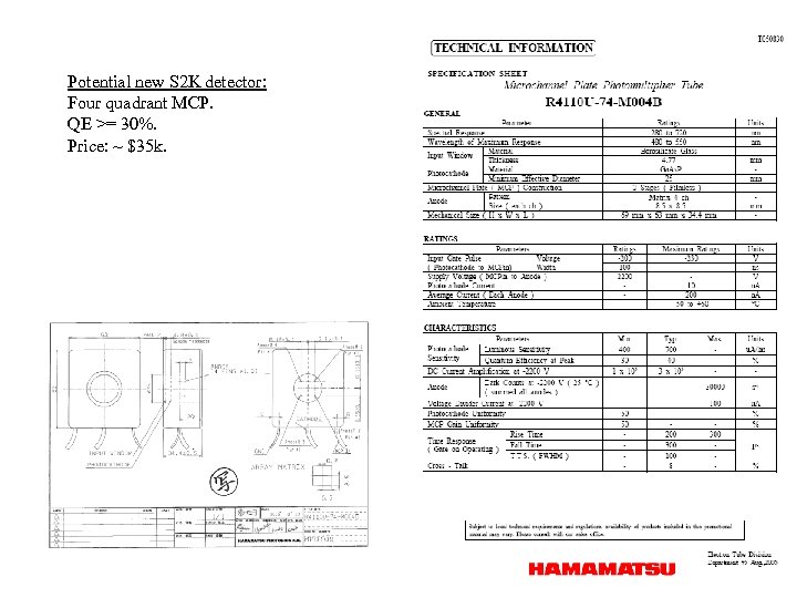 Potential new S 2 K detector: Four quadrant MCP. QE >= 30%. Price: ~