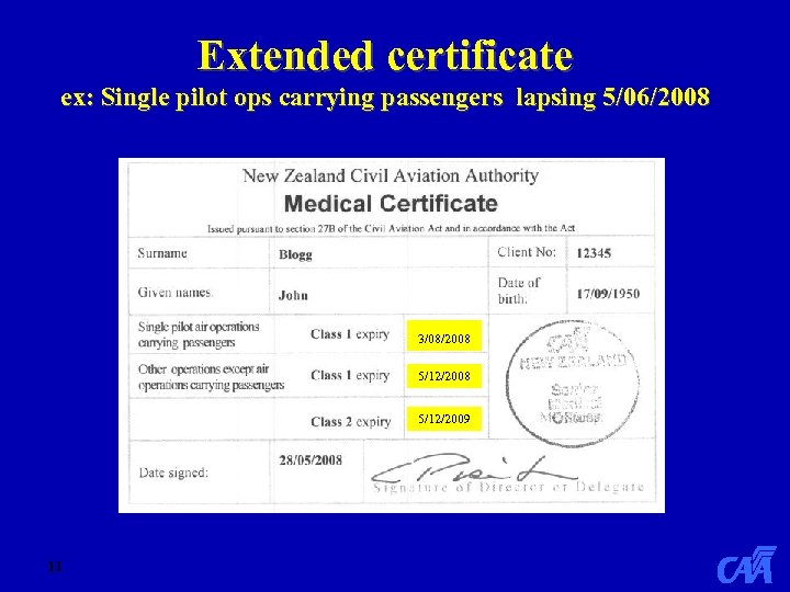 Extended certificate ex: Single pilot ops carrying passengers lapsing 5/06/2008 N/A 3/08/2008 5/12/2009 11