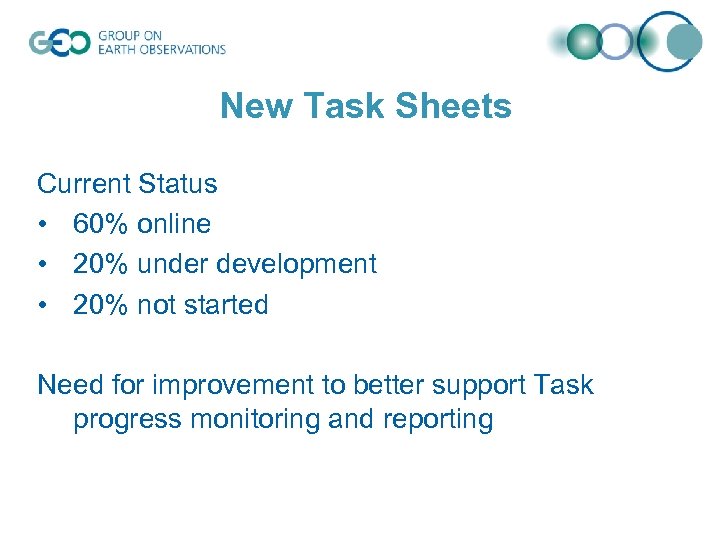 New Task Sheets Current Status • 60% online • 20% under development • 20%