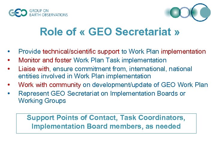 Role of « GEO Secretariat » • • • Provide technical/scientific support to Work