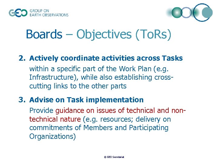 Boards – Objectives (To. Rs) 2. Actively coordinate activities across Tasks within a specific
