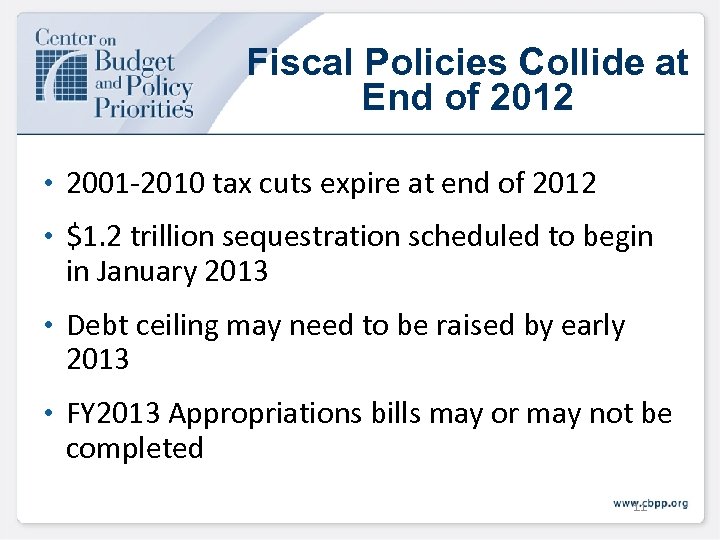Fiscal Policies Collide at End of 2012 • 2001 -2010 tax cuts expire at