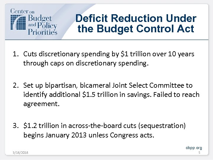Deficit Reduction Under the Budget Control Act 1. Cuts discretionary spending by $1 trillion