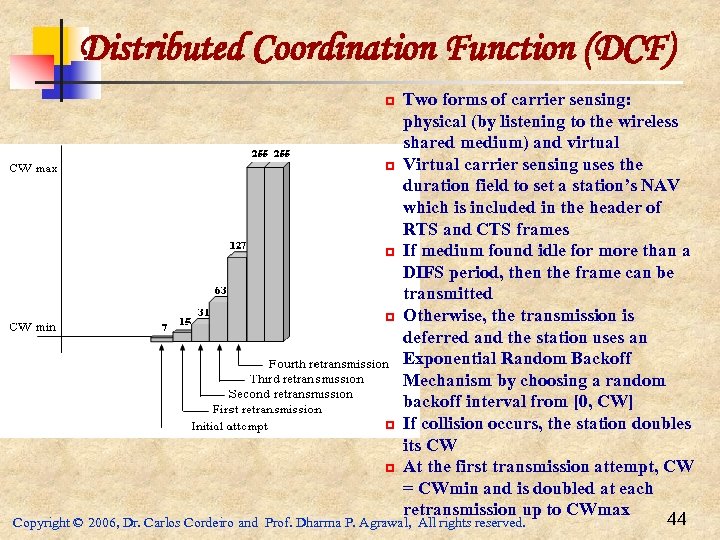 Distributed Coordination Function (DCF) Two forms of carrier sensing: physical (by listening to the