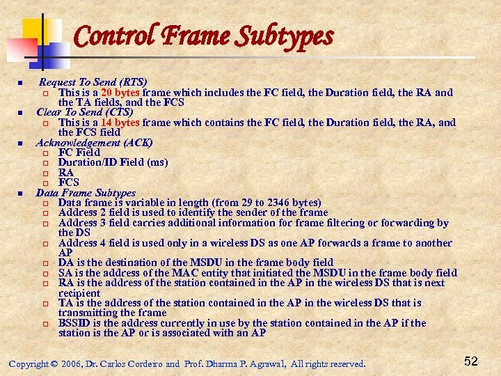 Control Frame Subtypes n n Request To Send (RTS) p This is a 20