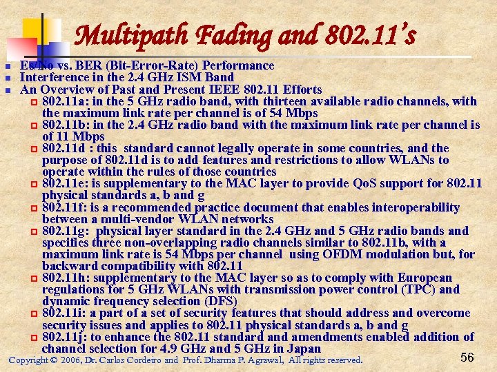 Multipath Fading and 802. 11’s n n n Es/No vs. BER (Bit-Error-Rate) Performance Interference