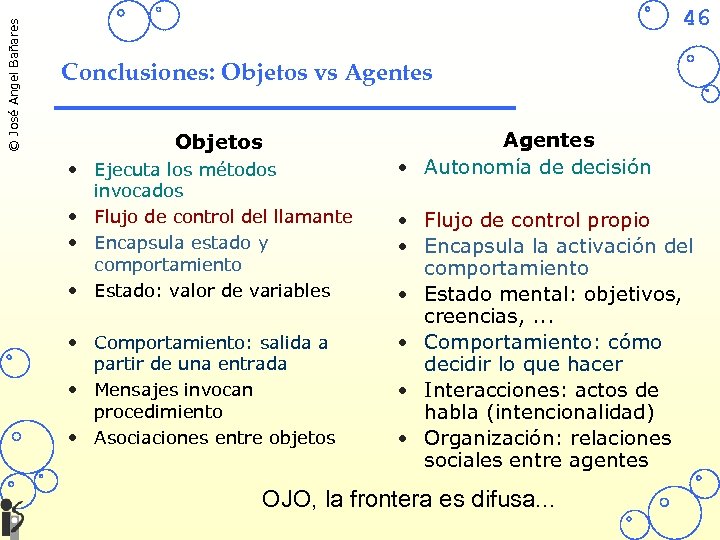 © José Angel Bañares 46 Conclusiones: Objetos vs Agentes Objetos • Ejecuta los métodos