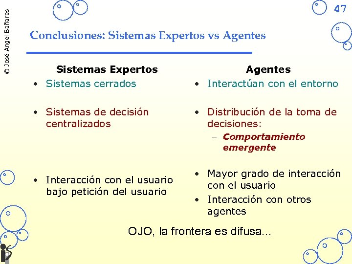 © José Angel Bañares 47 Conclusiones: Sistemas Expertos vs Agentes Sistemas Expertos • Sistemas