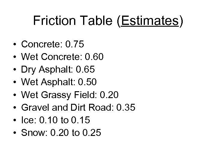 Friction Table (Estimates) • • Concrete: 0. 75 Wet Concrete: 0. 60 Dry Asphalt: