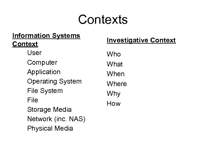 Contexts Information Systems Context • User • Computer • Application • Operating System •