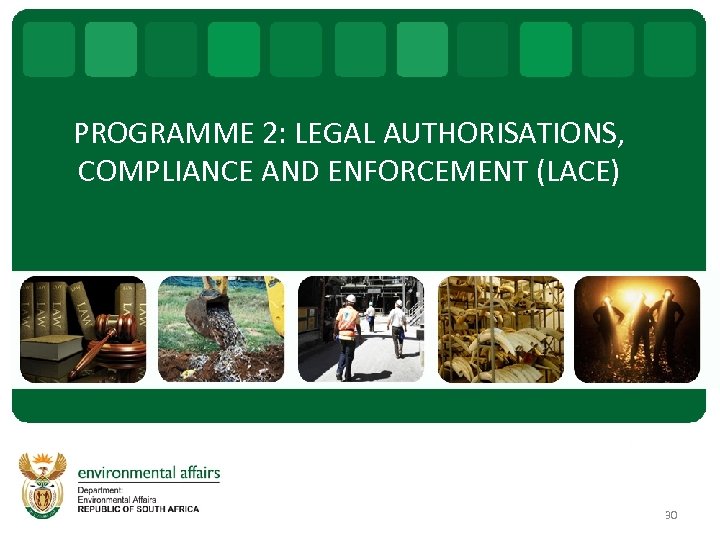 PROGRAMME 2: LEGAL AUTHORISATIONS, COMPLIANCE AND ENFORCEMENT (LACE) 30 