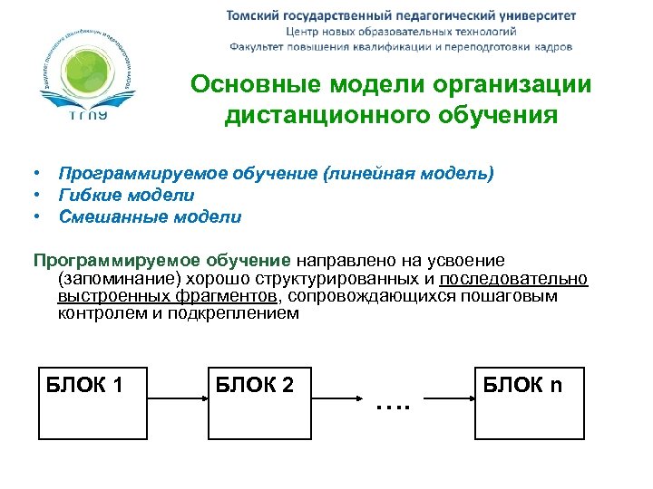 Основные модели организации дистанционного обучения • Программируемое обучение (линейная модель) • Гибкие модели •