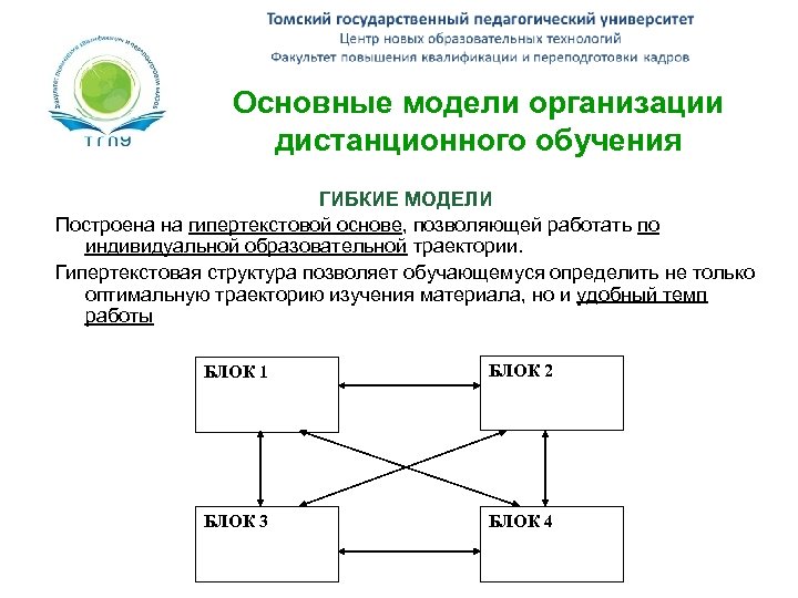 Основные модели организации дистанционного обучения ГИБКИЕ МОДЕЛИ Построена на гипертекстовой основе, позволяющей работать по