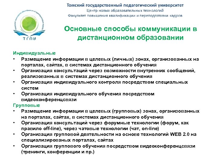 Основные способы коммуникации в дистанционном образовании Индивидуальные • Размещение информации в целевых (личных) зонах,