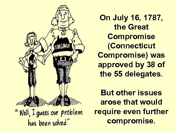 On July 16, 1787, the Great Compromise (Connecticut Compromise) was approved by 38 of