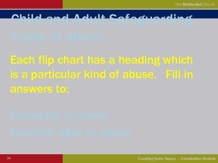 The Methodist Church Child and Adult Safeguarding Types of abuse Each flip chart has
