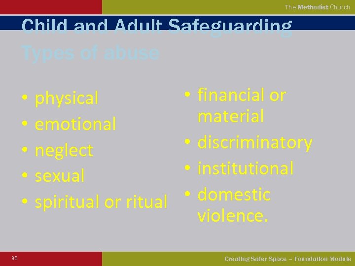 The Methodist Church Child and Adult Safeguarding Types of abuse • • • 36