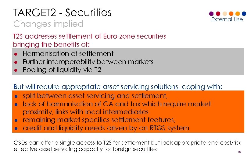 TARGET 2 - Securities Changes implied External Use T 2 S addresses settlement of