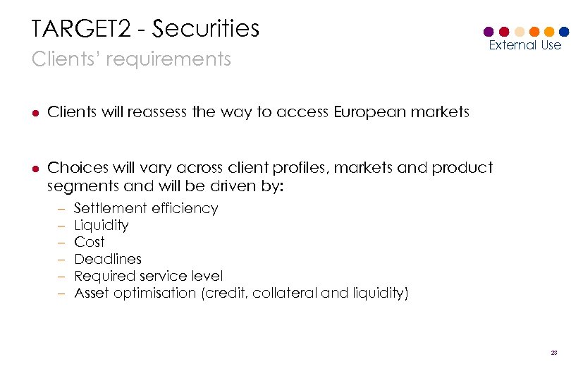 TARGET 2 - Securities Clients’ requirements External Use l Clients will reassess the way