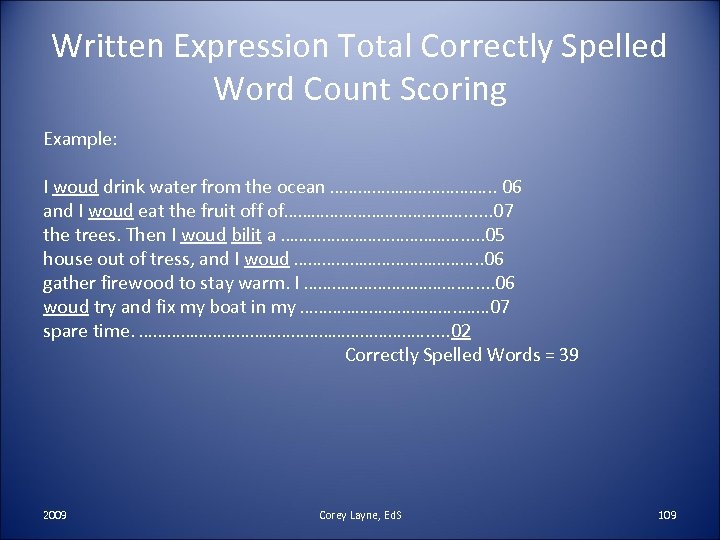 Written Expression Total Correctly Spelled Word Count Scoring Example: I woud drink water from
