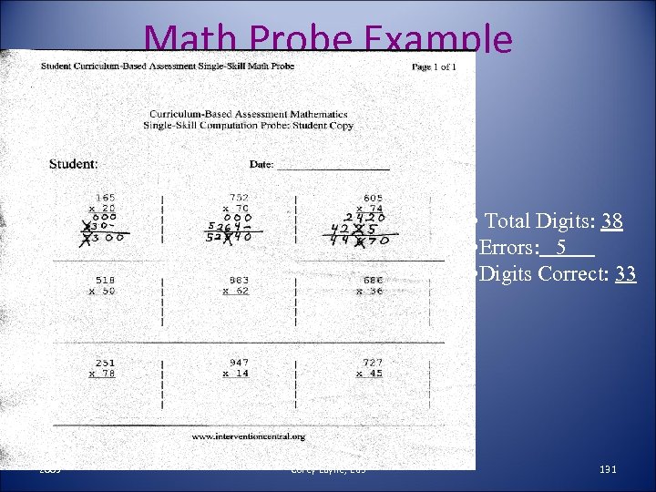 Math Probe Example • Total Digits: 38 • Errors: 5 • Digits Correct: 33