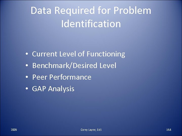 Data Required for Problem Identification • • 2009 Current Level of Functioning Benchmark/Desired Level